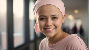 ai genererad smiley stark flicka stridande cancer med rosa scarf på de huvud foto