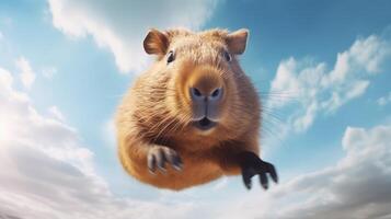 ai genererad flygande söt capybara karaktär på blå himmel bakgrund. foto