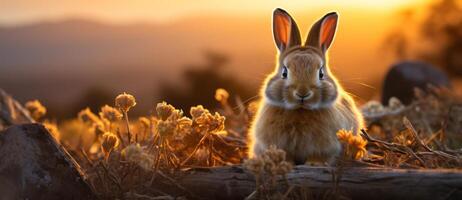 ai genererad söt liten kanin i de trädgård på solnedgång stänga upp foto