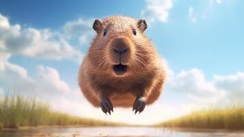 ai genererad flygande söt capybara karaktär på blå himmel bakgrund. foto