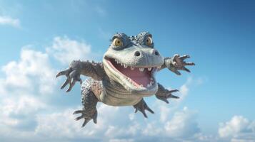 ai genererad flygande alligator på blå himmel bakgrund. foto