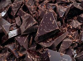 ai genererad bitar av mörk choklad på tabell närbild mat bakgrund foto