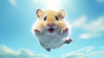 ai genererad flygande söt liten hamster karaktär på blå himmel bakgrund. foto