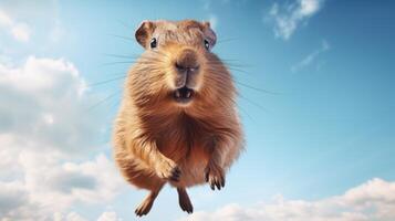 ai genererad flygande söt capybara karaktär på blå himmel bakgrund. foto