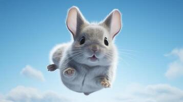 ai genererad flygande söt liten chinchilla karaktär på blå himmel bakgrund. foto