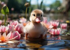 ai genererad liten ankunge simning i en sjö med rosa vatten liljor. foto