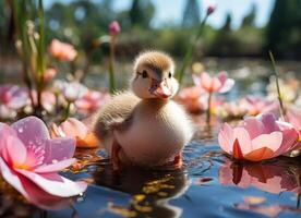 ai genererad liten ankunge simning i en sjö med rosa vatten liljor. foto