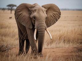 ai genererad ett imponerande syn utvecklas som ett afrikansk elefant graciöst strövar omkring de solbelyst savann, omgiven förbi de gyllene nyanser av de gräsmarker. foto