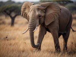 ai genererad ett imponerande syn utvecklas som ett afrikansk elefant graciöst strövar omkring de solbelyst savann, omgiven förbi de gyllene nyanser av de gräsmarker. foto