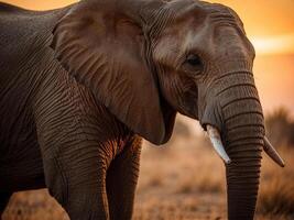 ai genererad ett imponerande syn utvecklas som ett afrikansk elefant graciöst strövar omkring de solbelyst savann, omgiven förbi de gyllene nyanser av de gräsmarker. foto