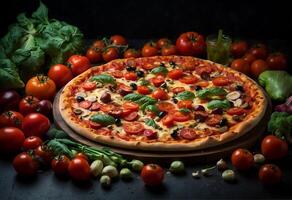 ai genererad pizza och grönsaker med mörker bakgrund foto