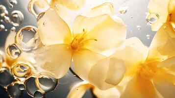 ai genererad gul blommor flytande på vatten. anbud feminin bakgrund med kopia Plats. ai generativ makro fotografi foto