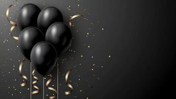 ai genererad elegant svart ballong och band Lycklig födelsedag firande kort baner mall bakgrund foto