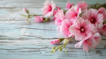ai genererad blommor sammansättning för alla hjärtans dag, mors eller kvinnors dag. rosa blommor på gammal vit trä- bakgrund. fortfarande liv. foto