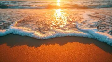 ai genererad närbild hav sand strand. panorama- strand landskap. inspirera tropisk strand marinmålning horisont. orange och gyllene solnedgång himmel stillhet lugn avkopplande solljus sommar humör foto