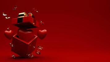 3d återges röd och guld valentine tema av konfetti, gåva lådor, och kärlek ballonger för baner mall foto