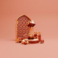 3d framställa ramadan bakgrund med lykta, gåva lådor och islamic ornament för social media posta mall foto