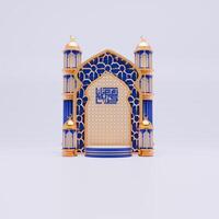 3d framställa ramadan podium bakgrund med moské, pelare och islamic ornament för social media posta mall foto
