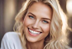ai genererad naturlig blondin vit tänder leende och felfri hud foto