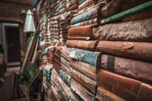 årgång bok stack visas på vägg i Venedig, Italien - gammal bibliotek samling foto