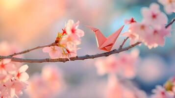 ai genererad en rosa origami fågel Sammanträde på en gren av en blomstrande träd foto