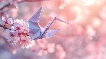 ai genererad ett origami fågel Sammanträde på en gren av en blomstrande träd foto