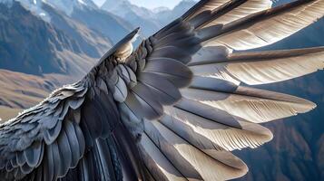 ai genererad en stänga upp av en fåglar vinge med bergen i de bakgrund foto