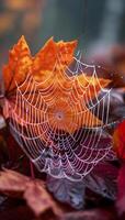 ai genererad en Spindel webb sitter på topp av löv foto