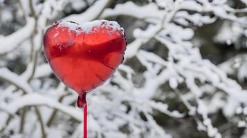 ai genererad en röd hjärta formad ballong hängande från en träd foto