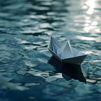 ai genererad en papper båt flytande på topp av en kropp av vatten foto