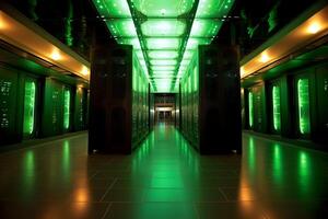 ai genererad trogen server rum med grön lampor foto