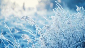 ai genererad frostig natur bakgrund. vinter- landskap med frysta gräs i blå tonad. foto