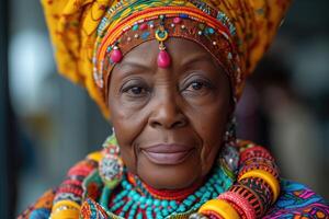 ai genererad porträtt av en kvinna i en ljus traditionell etnisk utrusta foto