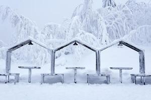 utomhus- möbel - gazebos med picknick tabeller - i en frostig vinter- parkera foto