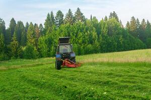 traktor med en monterad gräsklippare klipper äng forbs foto