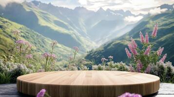 ai genererad podium attrapp runda trä- piedestal med fläck natur bakgrund. bakgrund för naturlig kosmetika och branding foto