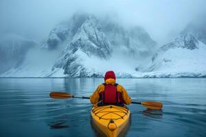 ai genererad kayaker i en kall hav mot de bakgrund av frysta stränder foto