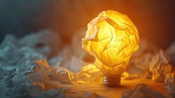 ai genererad aning och kreativitet begrepp med papper skrynkliga boll och lampa.tänk ut av box.business lösning. foto