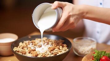 ai genererad kvinna häller mjölk in i skål med granola, närbild. friska frukost foto