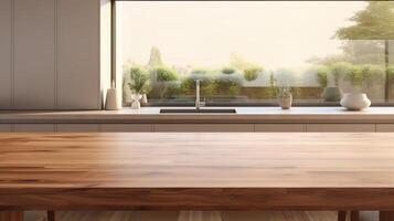 ai genererad trä- tabell i modern kök interiör med stad se. falsk upp, 3d tolkning foto