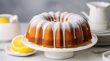 ai genererad citron- bundt kaka på en vit bakgrund. selektiv fokus. foto