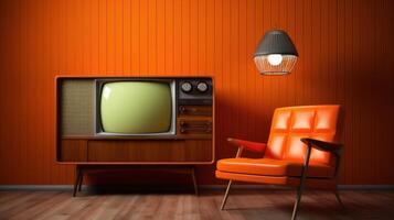 ai genererad retro tv och orange stol i årgång rum foto