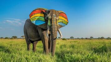 ai genererad färgrik elefant med regnbåge öron stående i savann foto