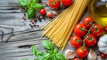 ai genererad färsk spaghetti, tomater, och basilika på rustik trä foto