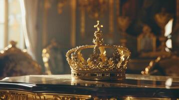 ai genererad en guld krona Sammanträde på topp av en tabell. perfekt för royalty-tema mönster eller begrepp foto