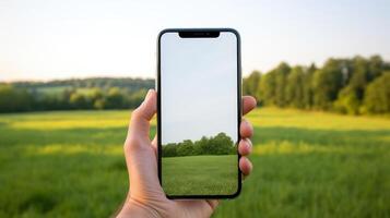 ai genererad digital natur - smartphone med grön landskap foto