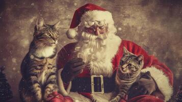 ai genererad santa claus och söt rolig katter. jul kort begrepp årgång stil foto
