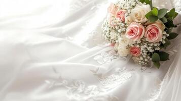 ai genererad baner av en bröllop klänning och brud- blommor bukett foto