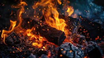 ai genererad brinnande trä på natt. lägereld på turistiska läger på natur i berg. flamma och brand gnistor på mörk abstrakt bakgrund. matlagning utegrill utomhus. foto