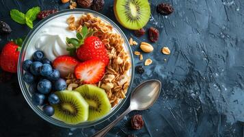 ai genererad hemlagad granola med nötter och russin, kiwi, blåbär, banan, jordgubbar och enkel yoghurt. topp se. begrepp av friska livsstil, bantning, friska äter och frukost foto